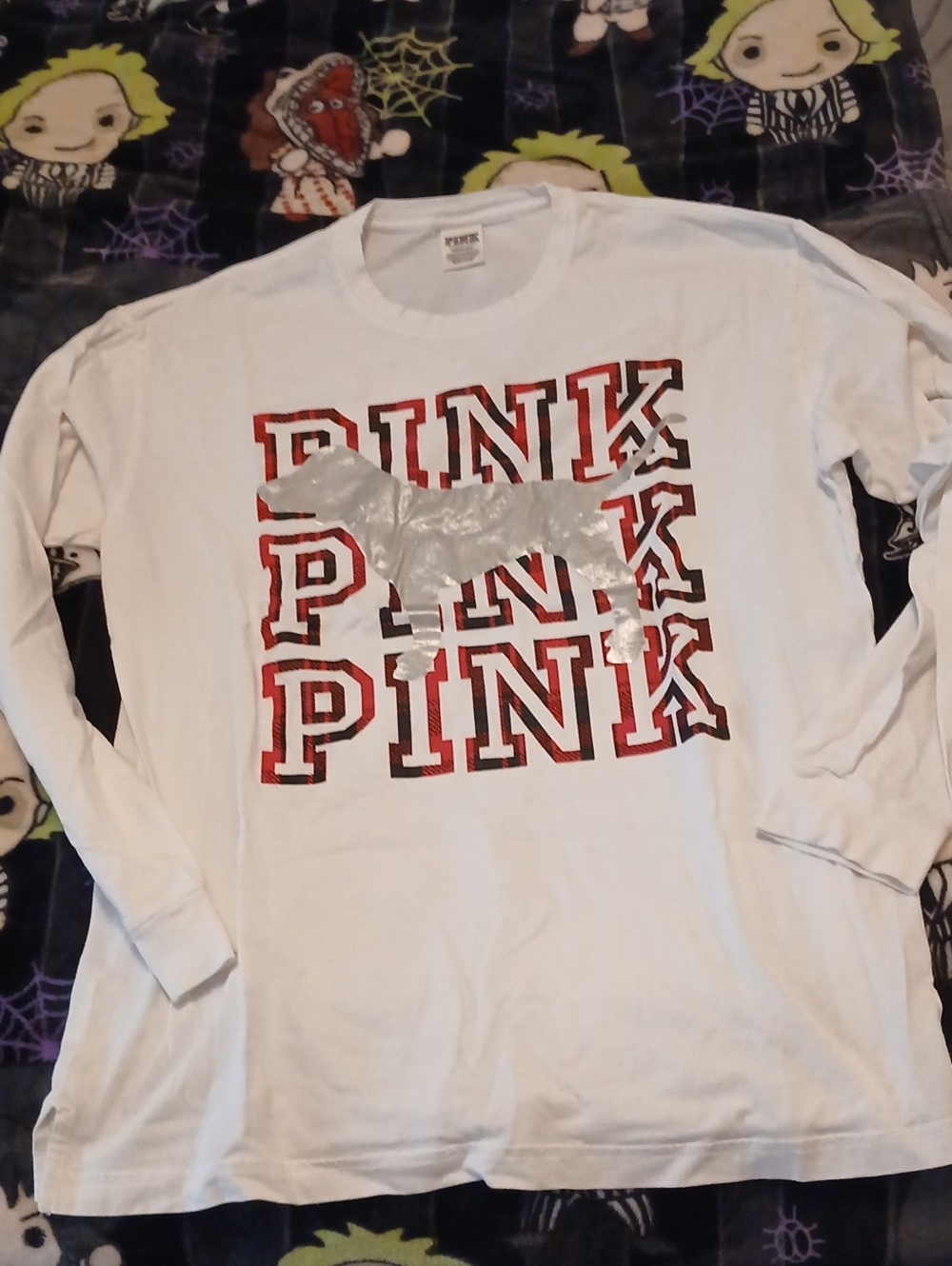 PINK Victoria's Secret White Long-Sleeve Tee with Red Logo and Silver Dog